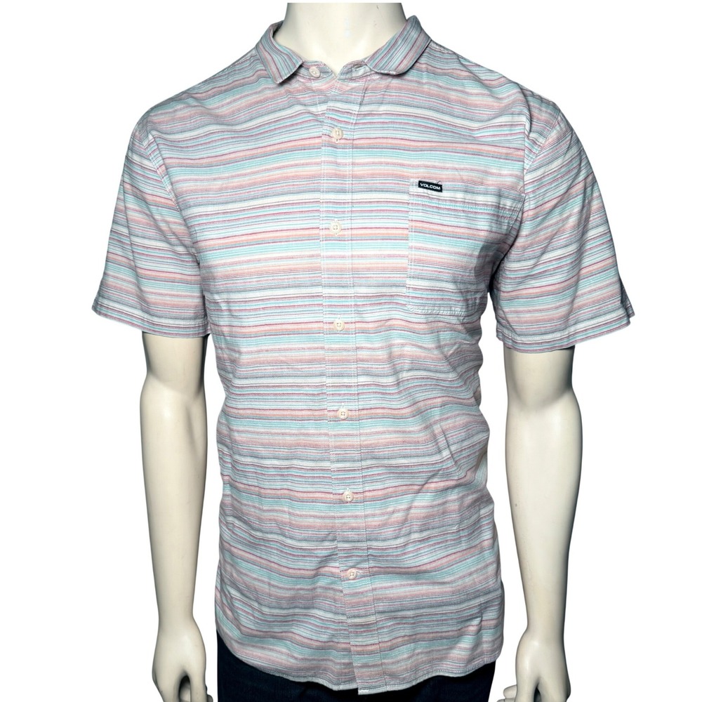 Volcom Button Down Shirt Mens XL Multi-Color Retro Surf Striped Slim Fit